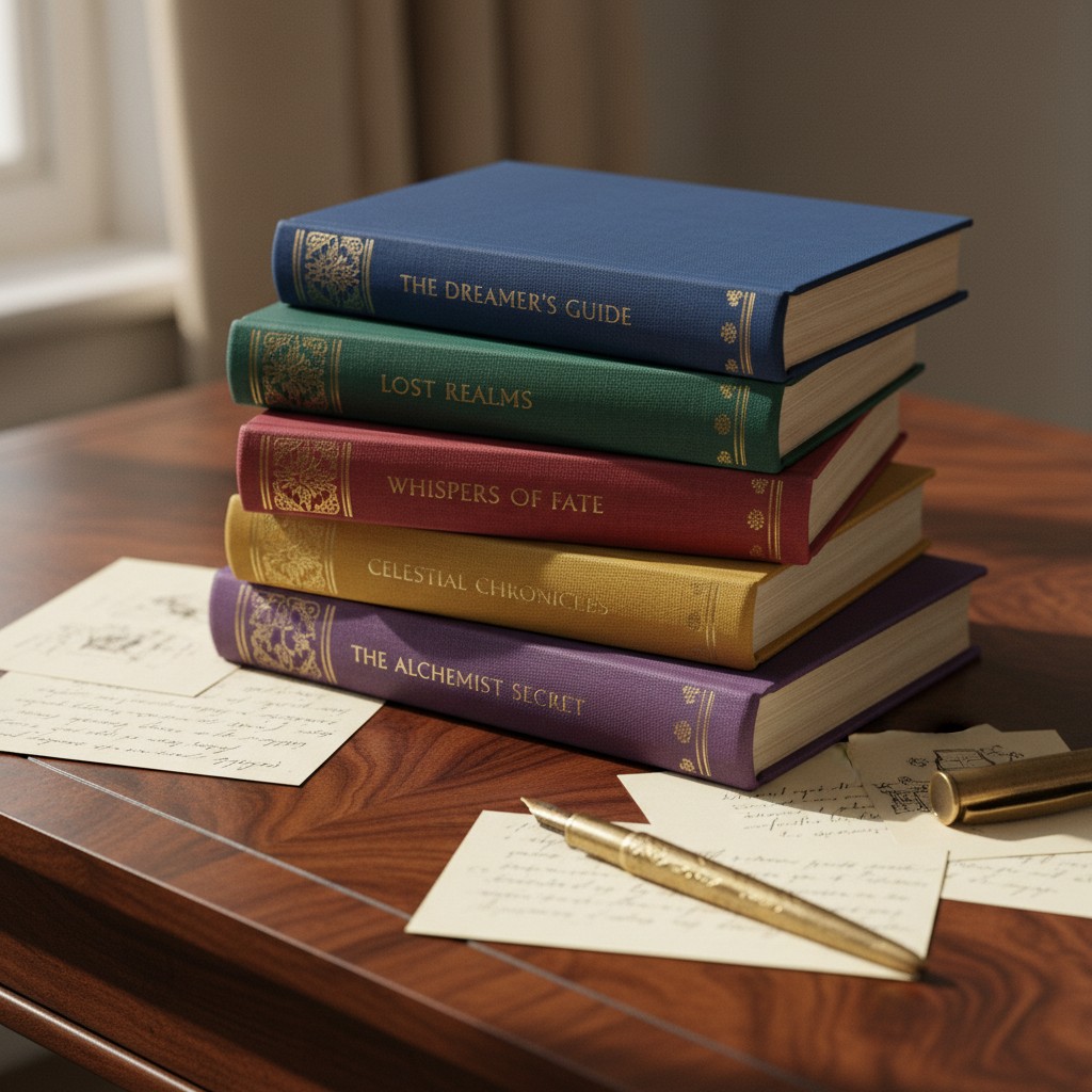 Stacked books in colorful cloth covers, accompanied by post-it notes and a gold pen on a wooden table, capturing a quiet m...