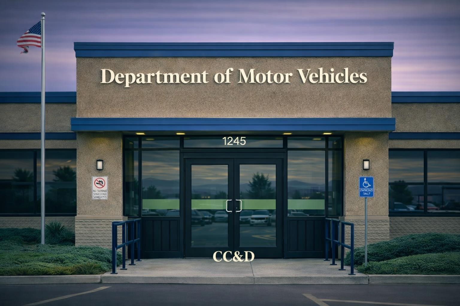 Entrance of Department of Motor Vehicles building with stairs, ramp, and handicap parking