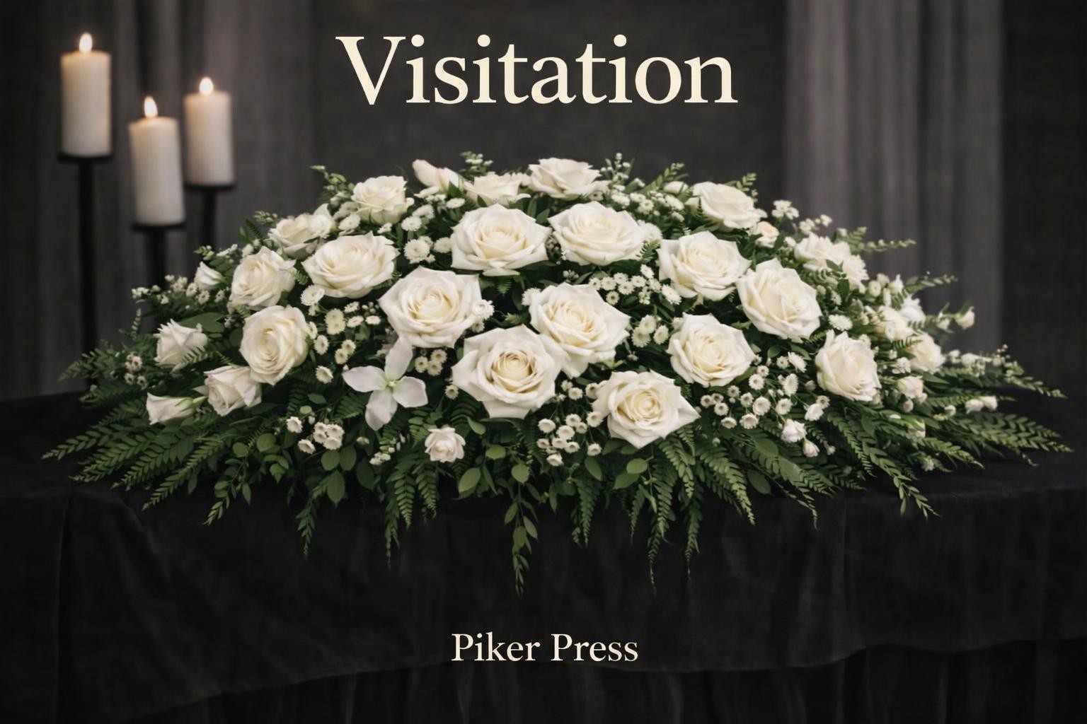 White roses, lilies, and greenery arranged on black cloth with candles in the background